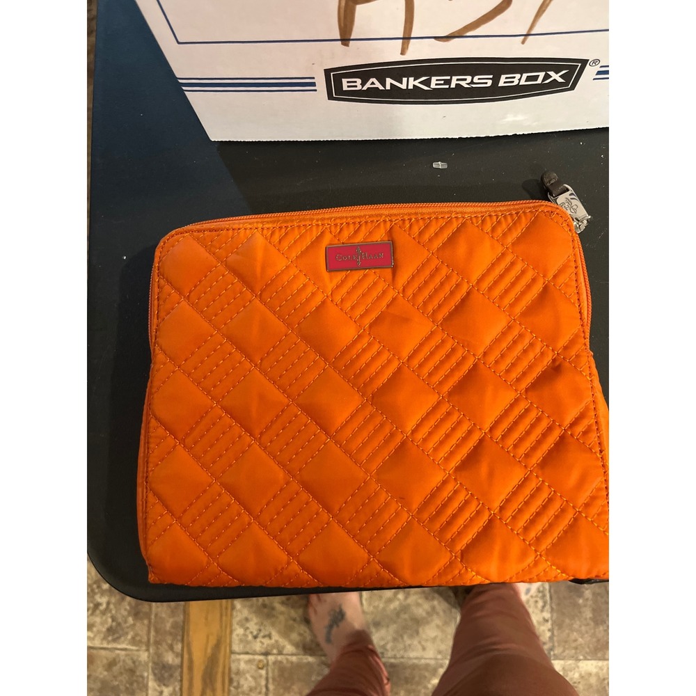 Cole Haan Orange Quilted Nylon Zip Pouch Makeup Bag Travel Clutch Organizer